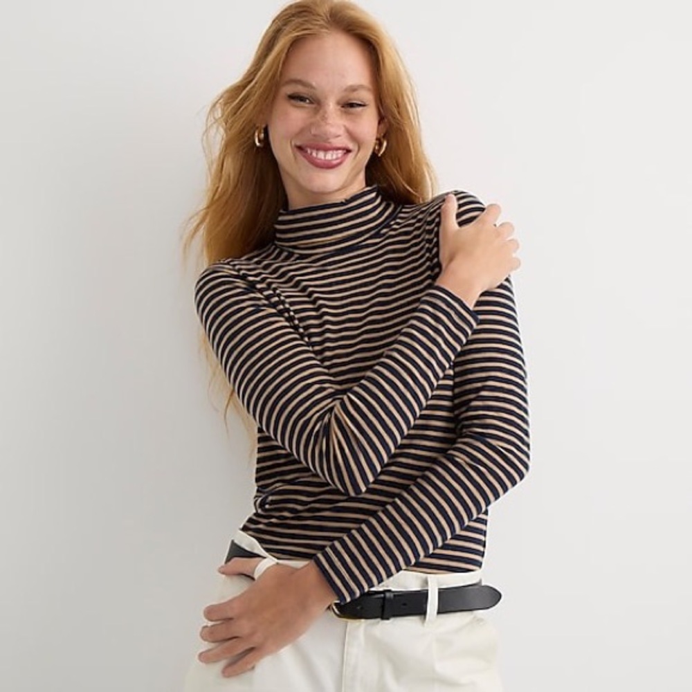 LIKE NEW J. Crew Striped Tissue Turtleneck in navy + camel